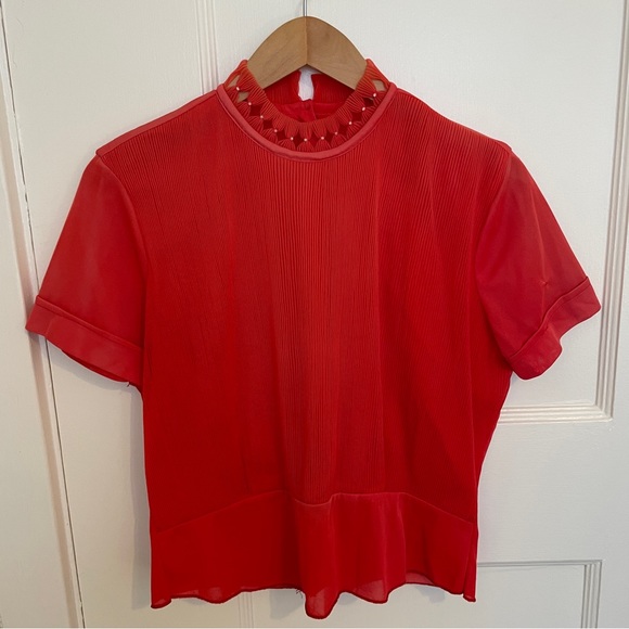 Vintage Tops - Vintage 1950s Red Pleated Blouse Pearl Collar Finland Short Sleeve Top S